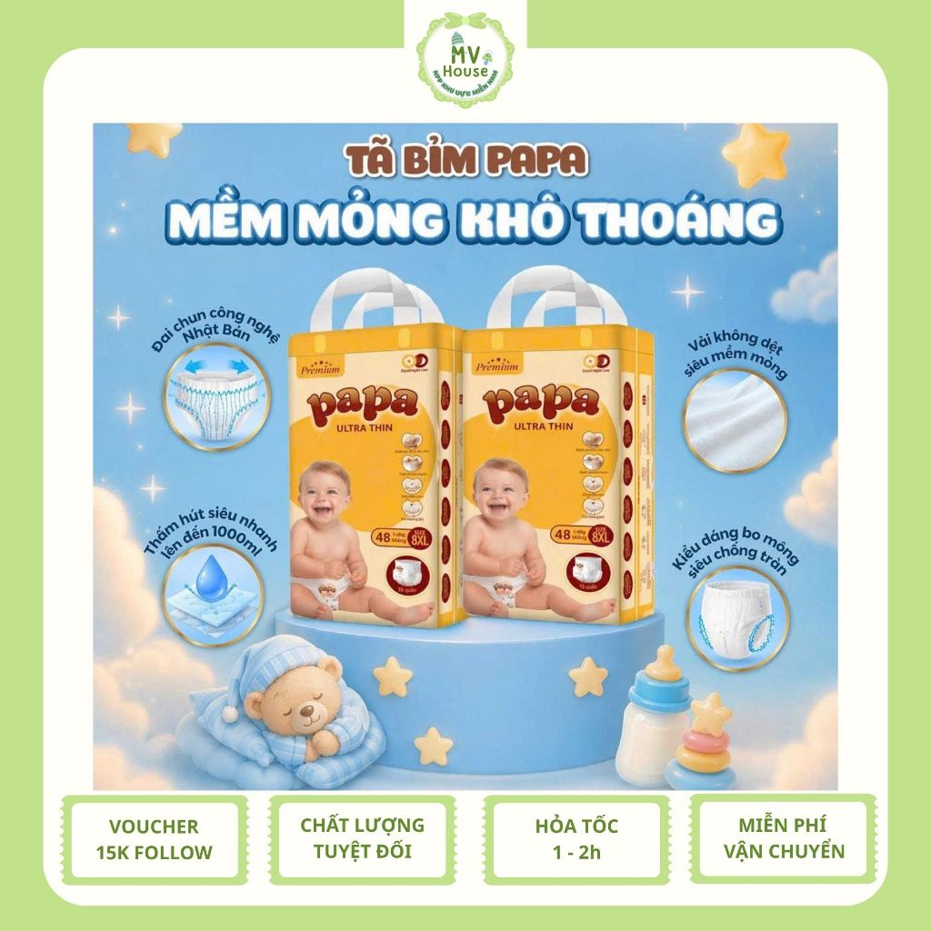 Tã Bỉm Papa Ultra Thin công nghệ Nhật Bản bịch 50 miếng đủ size từ S đến 8XL