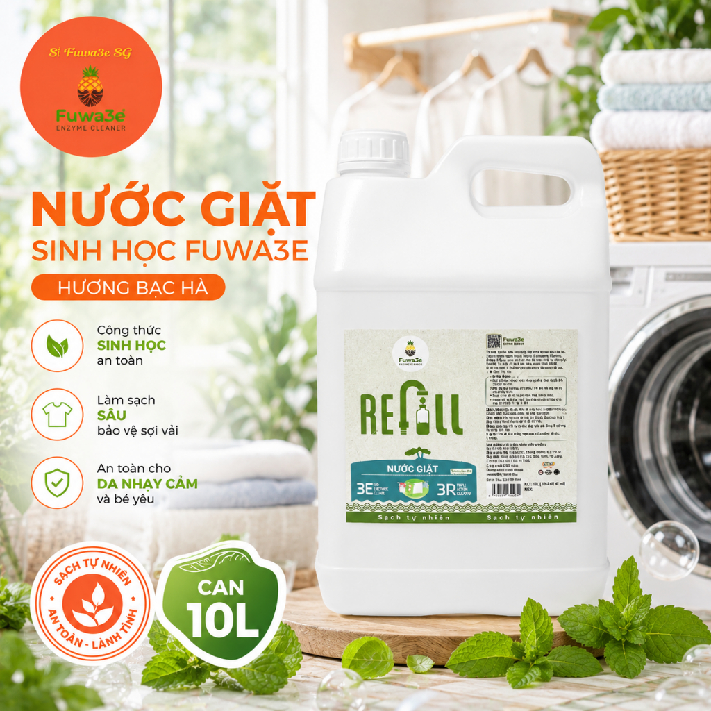 [HỎA TỐC - HCM] NƯỚC GIẶT FUWA3E CAN REFILL 10L TIẾT KIỆM – Hương Cam / Hương Bạc Hà [SỈ FUWA3E SG]