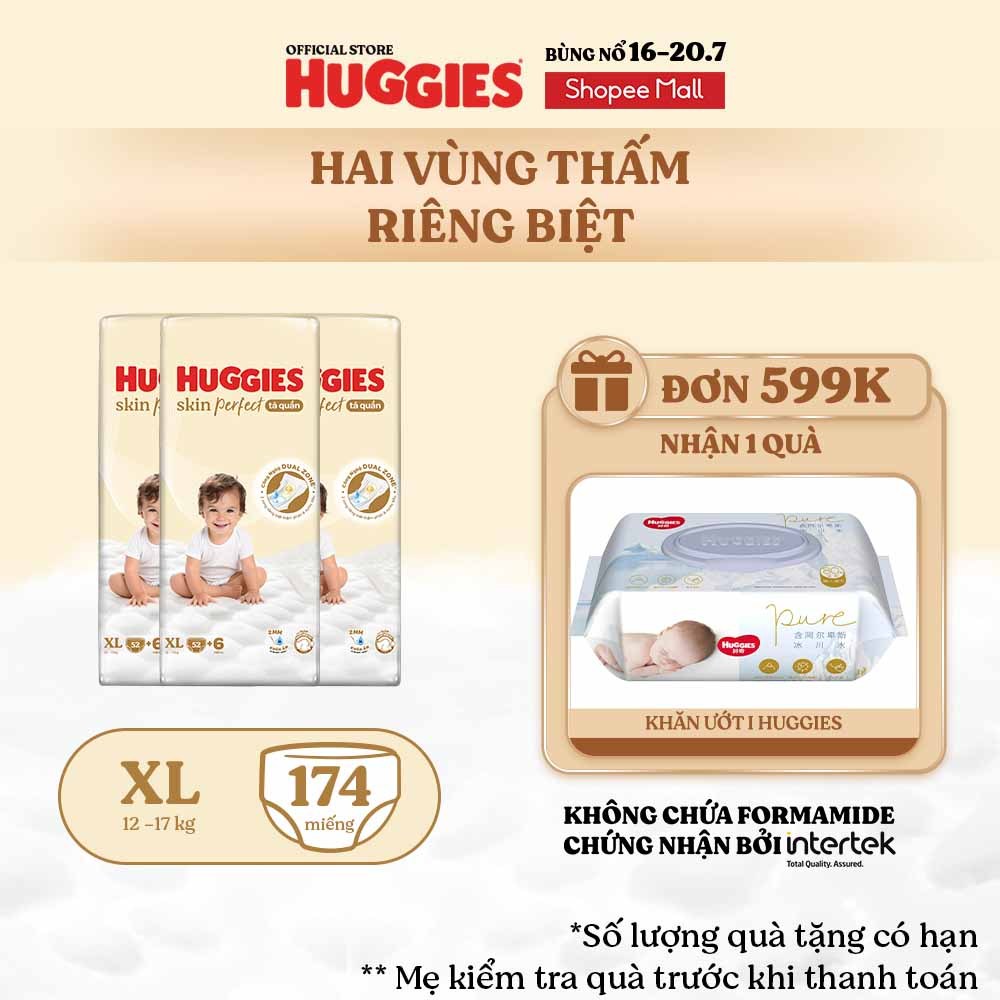 Combo 3 Tã quần Huggies Skin Perfect Super Jumbo M70+2/ L60+2/ XL52+6/ XXL48+6 miếng với 2 vùng thấm