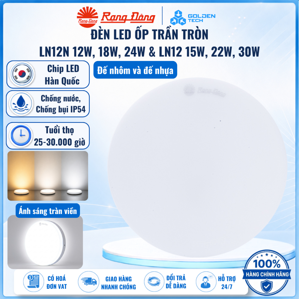 Đèn LED Ốp nổi trần Sáng trắng-Đổi màu LN12N đế nhựa LN12 đế nhôm 12W-18W-24W, 15W-22W-30W Rạng Đông