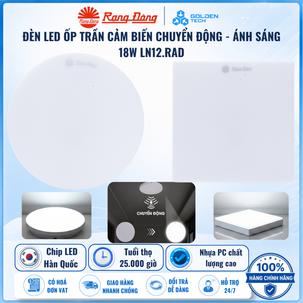 Đèn LED ốp trần tròn cảm biến chuyển động Rạng Đông model LN12.RAD