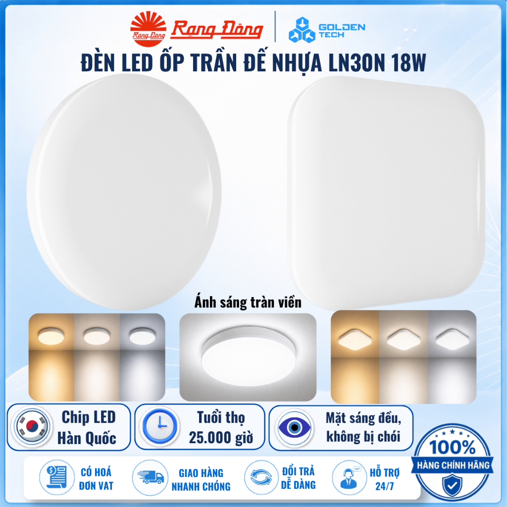Đèn Led ốp trần đế nhựa tròn/vuông 18W Ánh sáng tràn viền Sáng trắng/Đổi màu Rạng Đông LN30N
