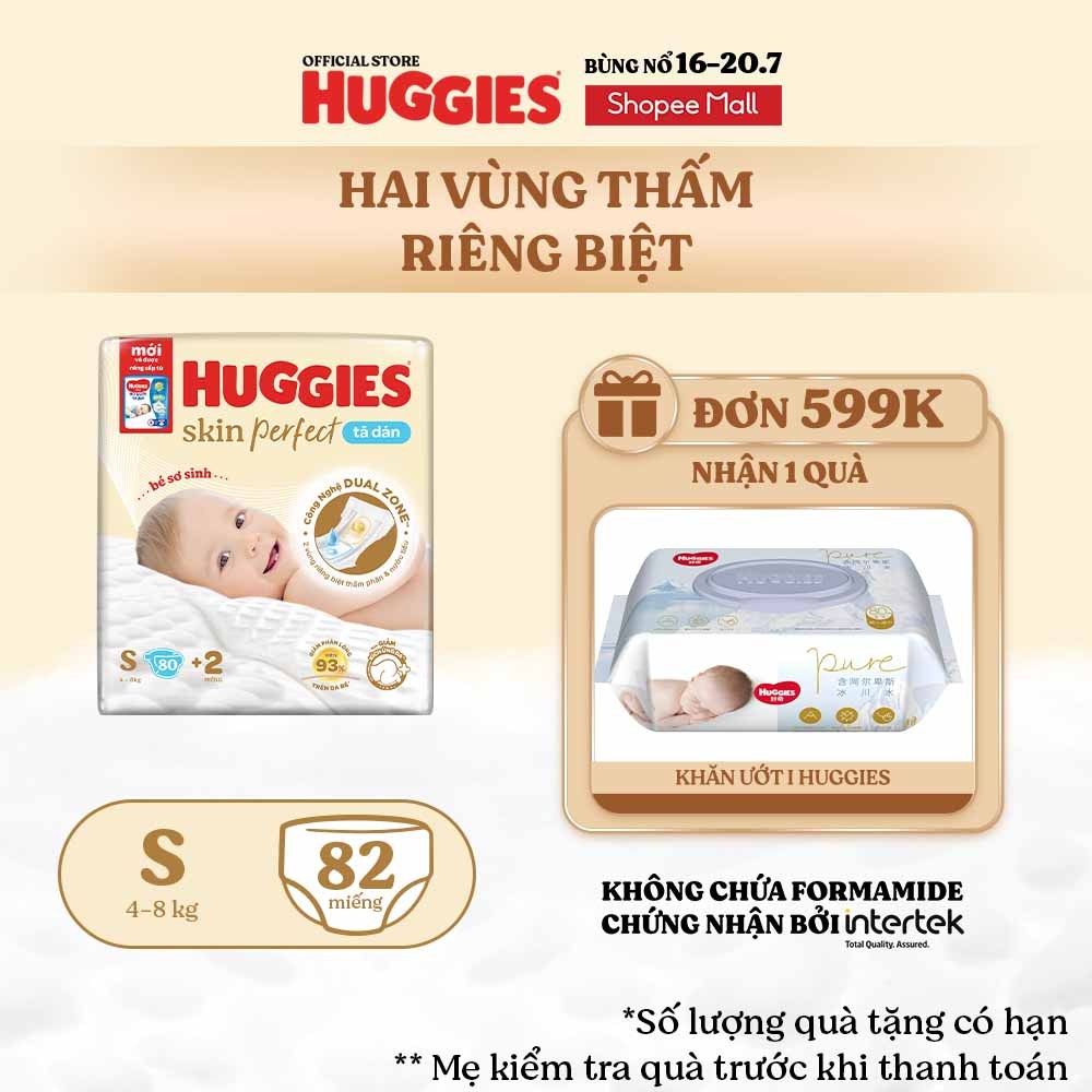 [KOL LIVE] Tã/bỉm dán sơ sinh Huggies Skin Perfect S 80+2 miếng với 2 vùng thấm giảm kích ứng da