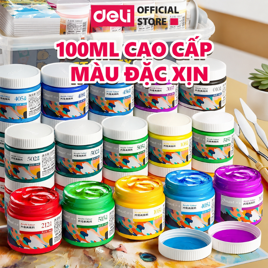 Màu Acrylic Dmast Hũ 100ml Cao Cấp Deli - Đậm Đặc Dùng Custom Trên Vải Giày Tường Đá Full Bảng Màu