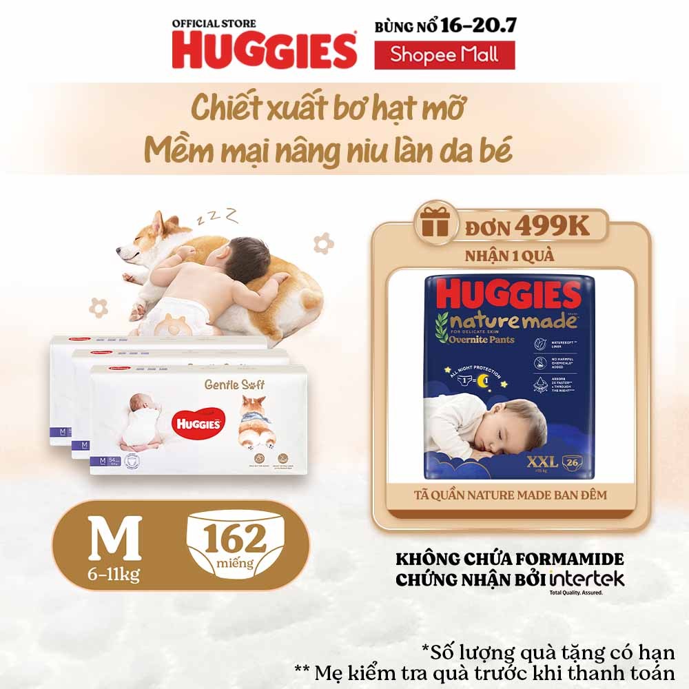 Combo 3 Tã quần Huggies Gentle Soft - Corgi M54/L40/XL34/XXL22 miếng êm mềm chiết xuất bơ hạt mỡ