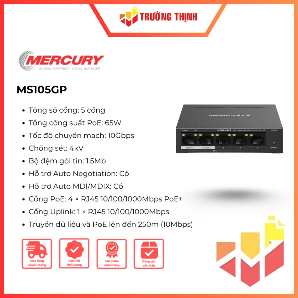 Switch để bàn Mercusys MS105GP 5 cổng Gigabit với 4 Cổng PoE+ | Chuẩn IEEE | Wi-fi 6 | 5 cổng