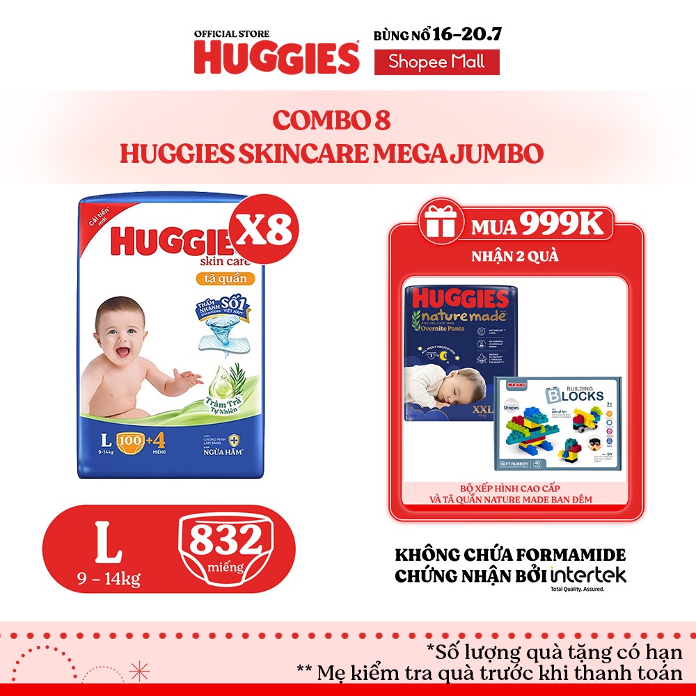 Combo 8 Tã quần Huggies Skincare Mega Jumbo M102+4/L100+4/XL84+4/XXL76+4