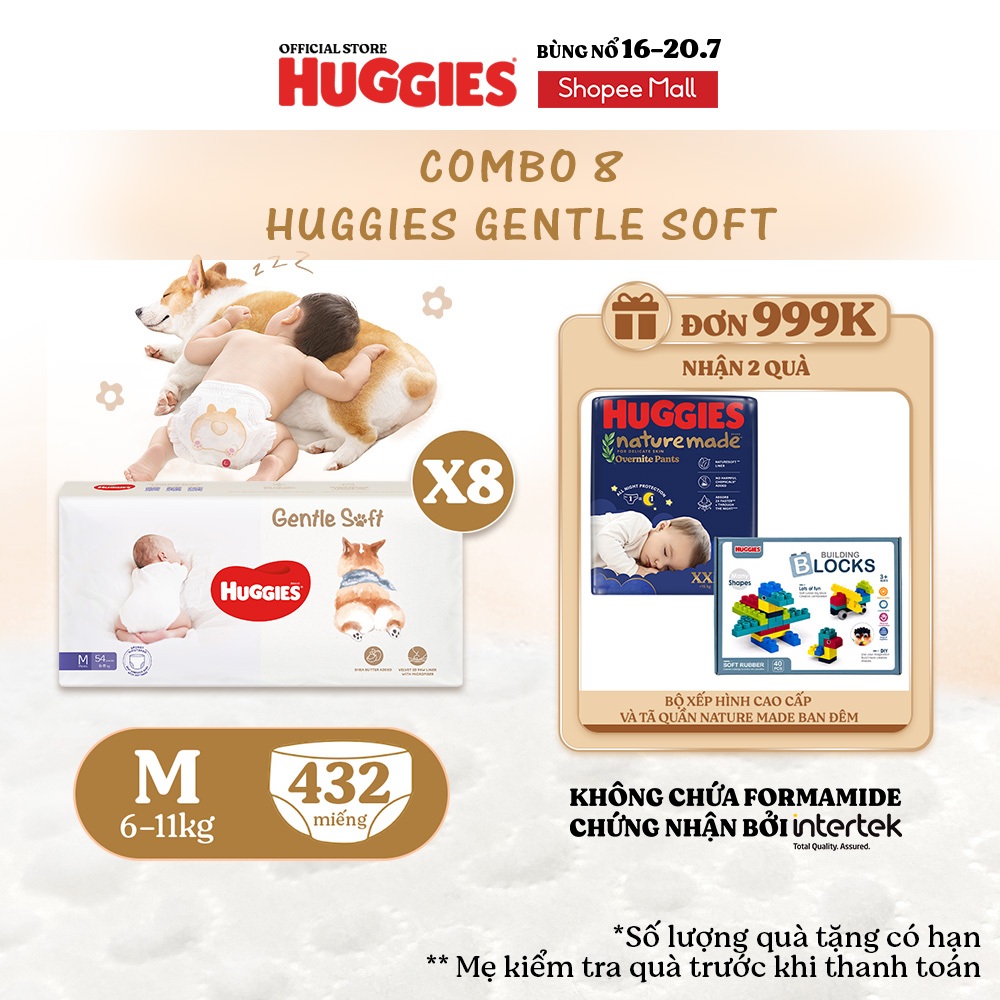Combo 8 Tã quần Huggies Gentle Soft - Corgi M54/L40/XL34/XXL22 miếng êm mềm chiết xuất bơ hạt mỡ