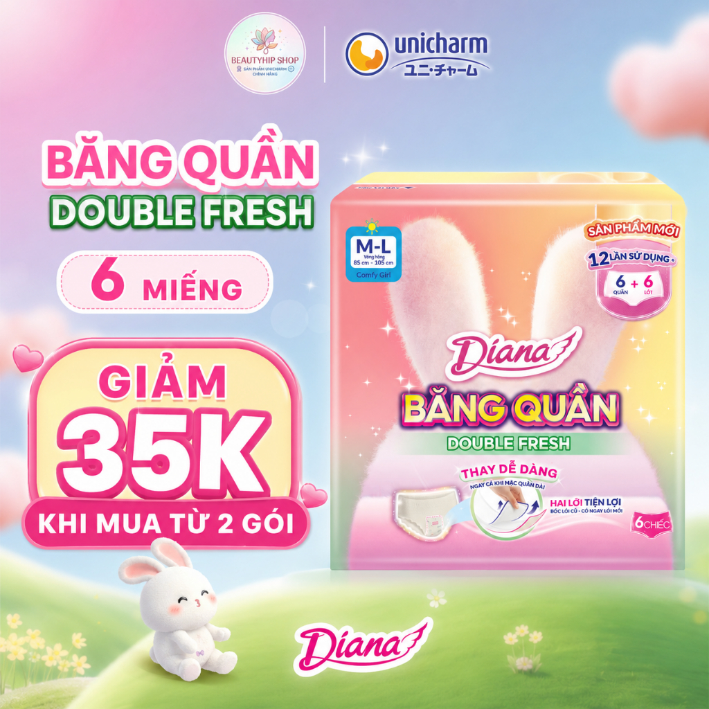 [GIẢM 35K] Băng Quần Diana Double Fresh M–L 6 Miếng – Giảm 35K Khi Mua Từ 2 Gói