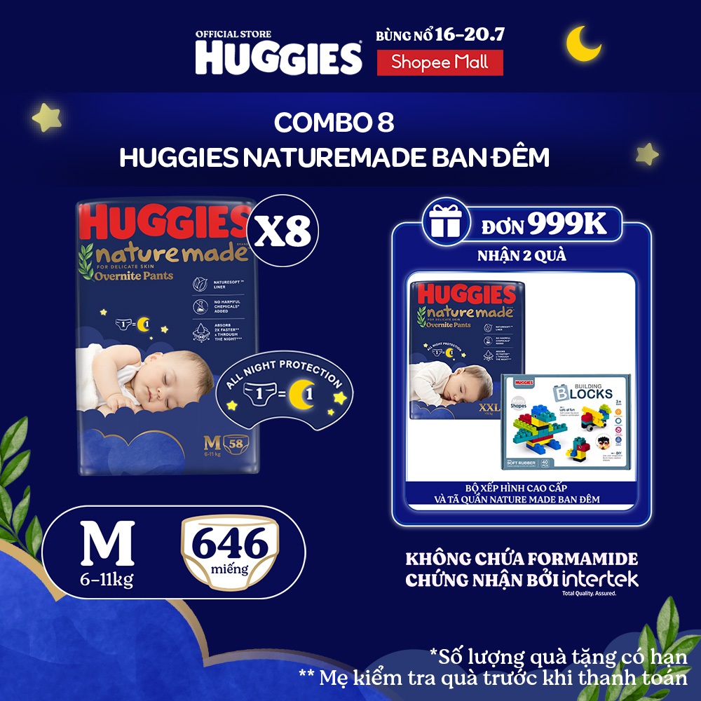 Combo 8 Tã quần Huggies Naturemade ban đêm M58/L44/XL38/XXL26