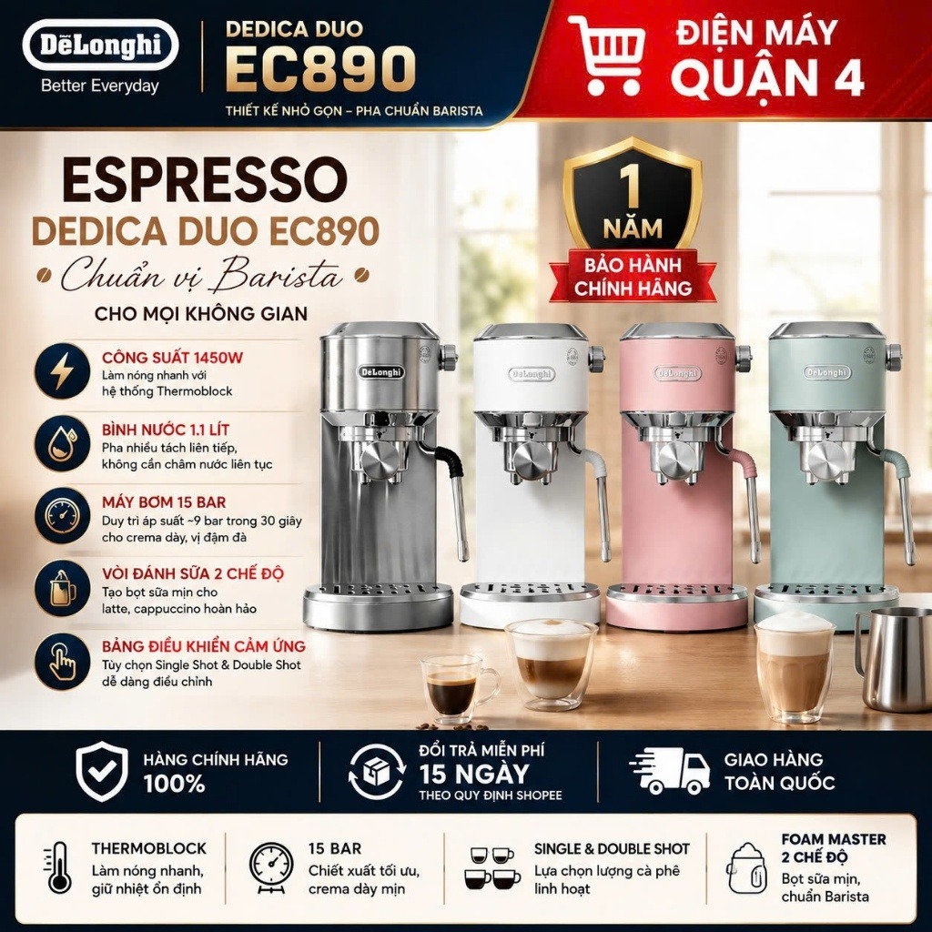 Máy Pha Cà Phê Delonghi EC890.M/GR/WI/PK Espresso Dedica Duo 1450W