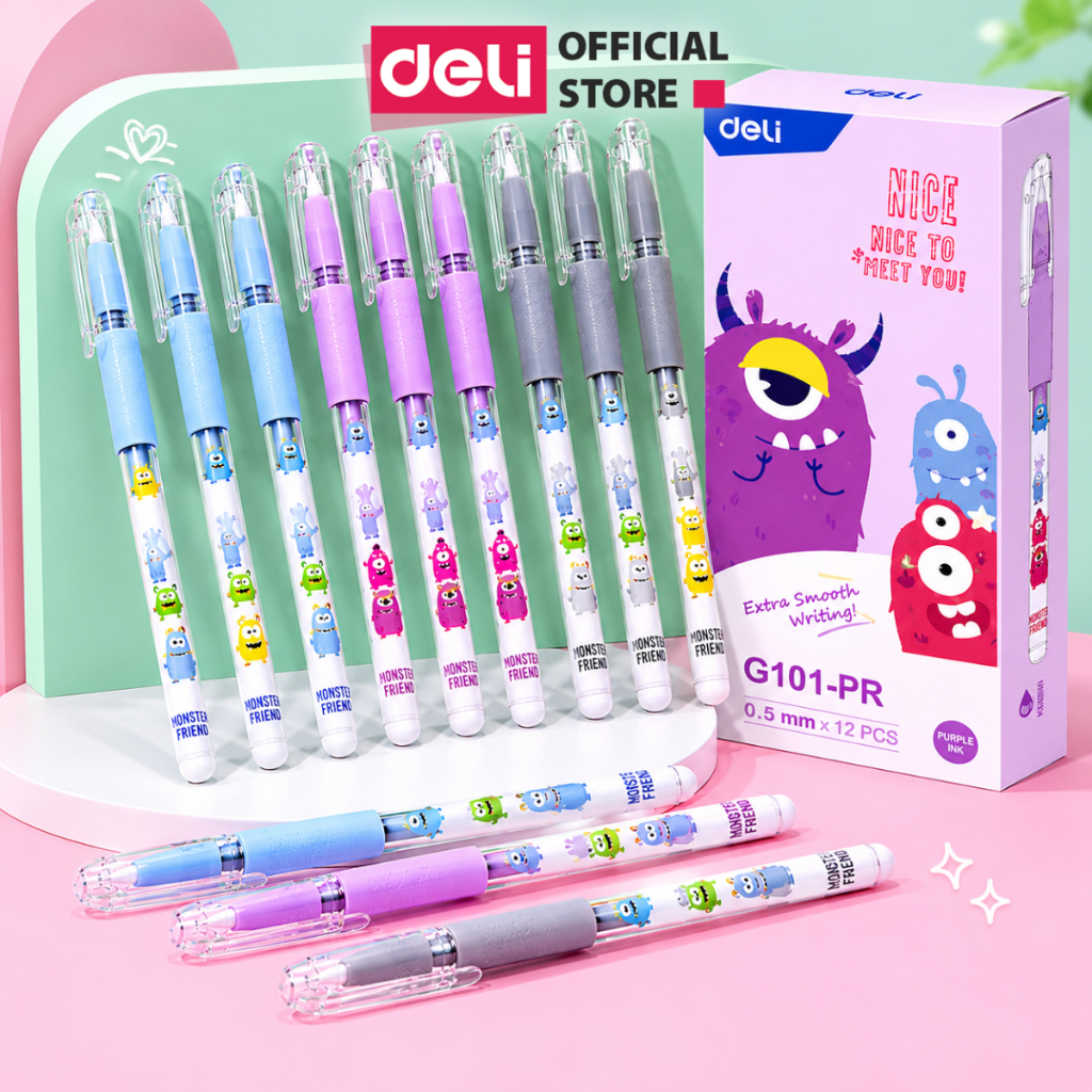 [🔥HOT] Combo 5/12 Bút Gel Học Sinh Deli Mực Xanh/Đen/Tím 0.5mm Nhanh Khô Viết Đều Trơn An Toàn Cho Học Sinh