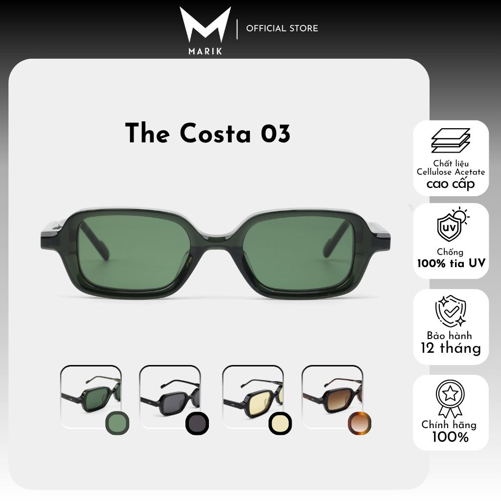 MARIK Kính râm thời trang The Costa 03 dáng chữ nhật hẹp sang trọng vintage Acetate cao cấp unisex