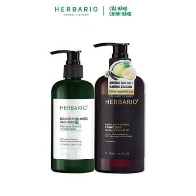 Combo Dầu gội thảo dược sạch gàu 5T Herbario 250ml + Dầu gội vỏ bưởi bồ kết Herbario 300ml giảm rụng tóc