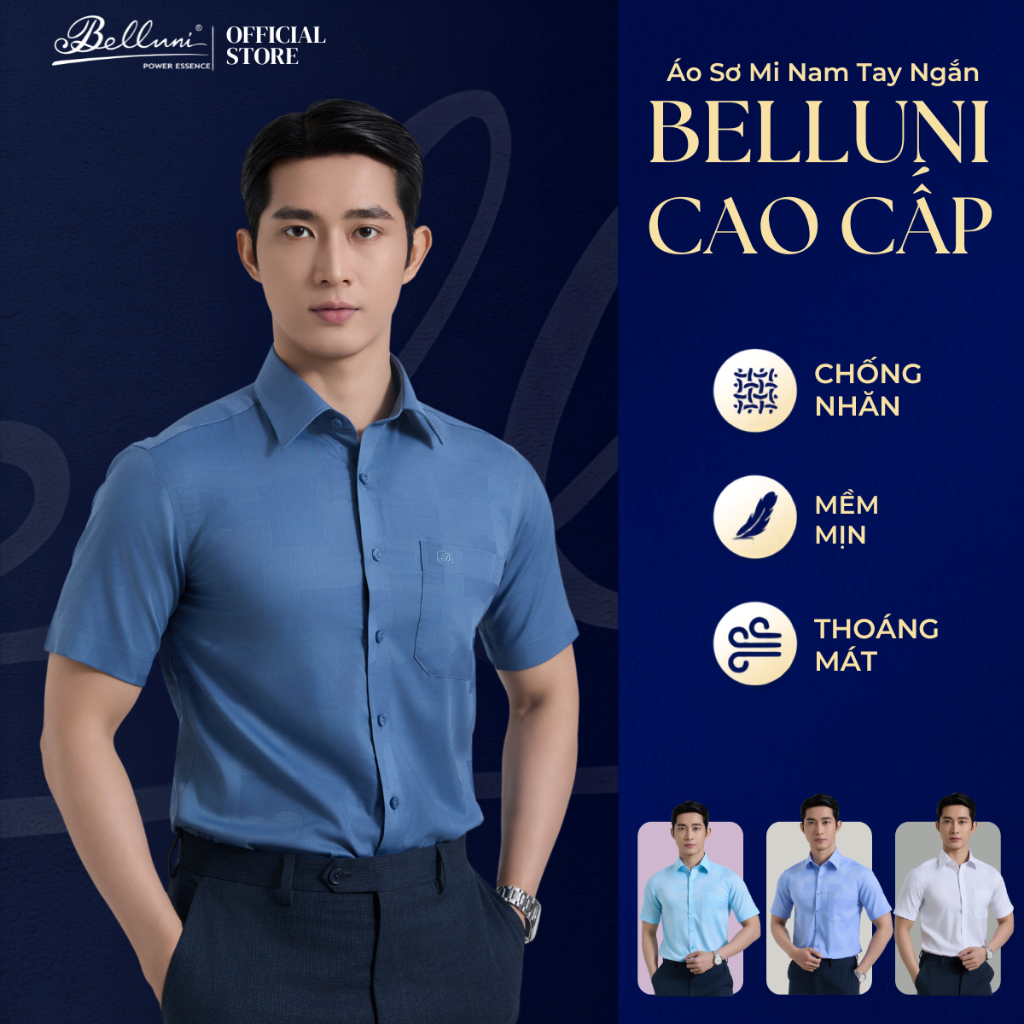 Áo Sơ Mi Nam Tay Ngắn Cao Cấp - Sơ Mi Xanh Navy Nam Belluni Sợi Sồi Mềm mượt, Chống Nhăn - ABN.PMS.B