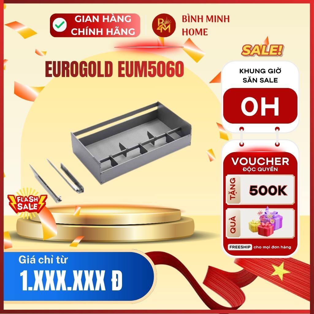 Giá xoong nồi nhôm anode Eurogold EUM5060 lắp âm tủ bếp dưới khoang 600mm, giúp sắp xếp xoong nồi