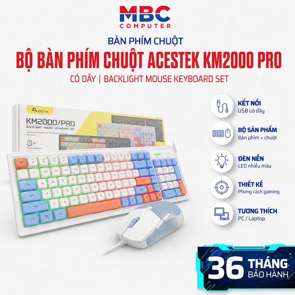 Bộ Bàn Phím Chuột Acestek KM2000 Pro có dây - Giả Cơ Có Led - New - Bảo hành chính hãng 12 tháng