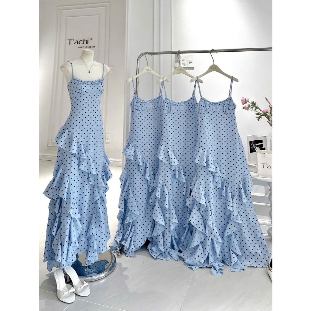 LORIS - Olivia Dress, Đầm hai dây chấm bi dáng dài