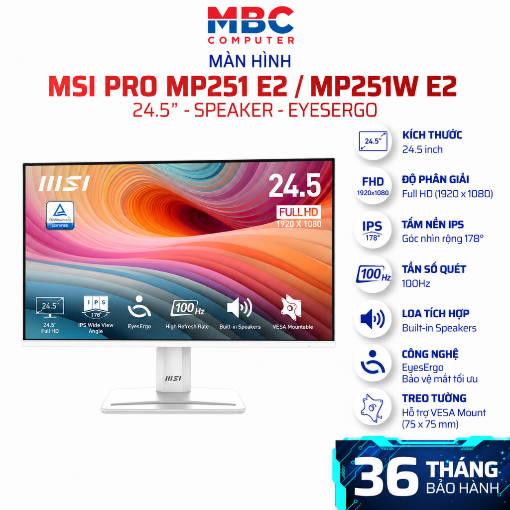 Màn Hình MSI PRO MP251 E2 / MP251W E2 (24.5" - Speaker - EyesErgo) - Bảo hành chính hãng 24 tháng