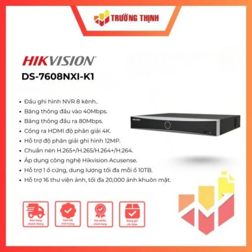Đầu ghi NVR Hikvision DS-7608NXI-K1 |4K | 80Mbps | 10TB | 8 kênh