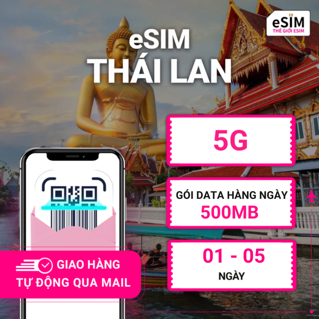 eSIM Thái Lan, 5G, Gói Data hàng ngày 500MB, 01 - 05 ngày, Nhà mạng True