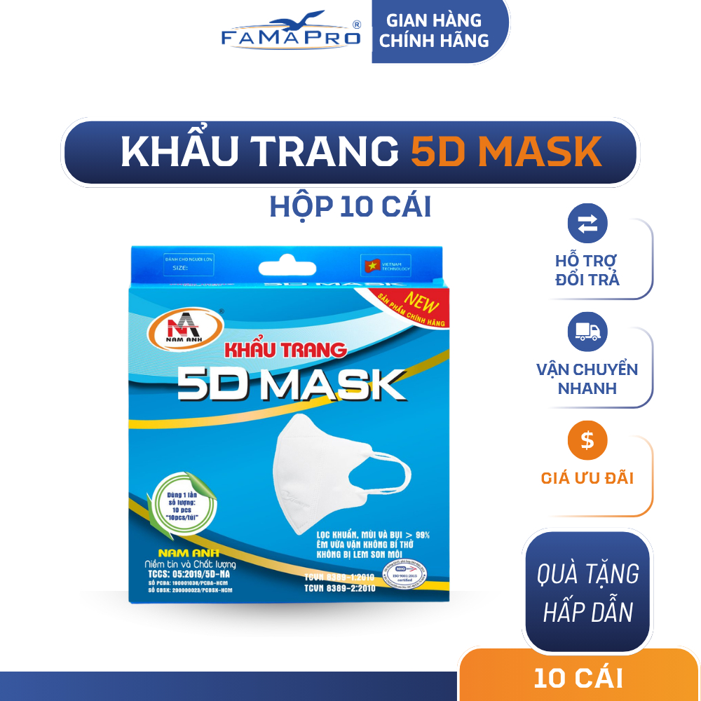 [5D MASK Hộp] Khẩu Trang Y Tế 3 Lớp Famapro 5D MASK (10 cái / Hộp)