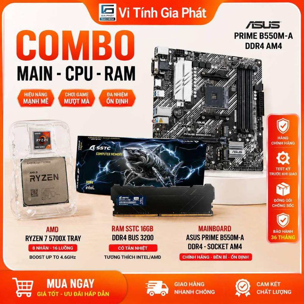 Combo Main B550 ASUS PRIME B550M-A + Ryzen 7 5700X Tray + RAM 16GB DDR4 3200 SSTC New Box BH 36T