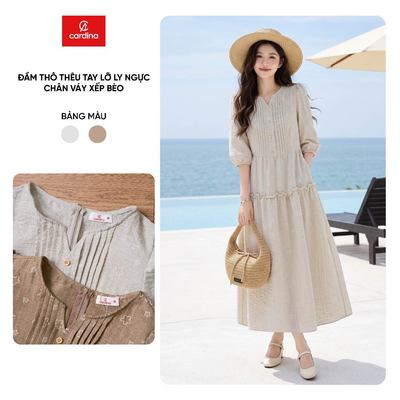 Đầm nữ CARDINA chất liệu thô thêu tay lỡ ly ngực chân váy xếp bèo 6VXD06