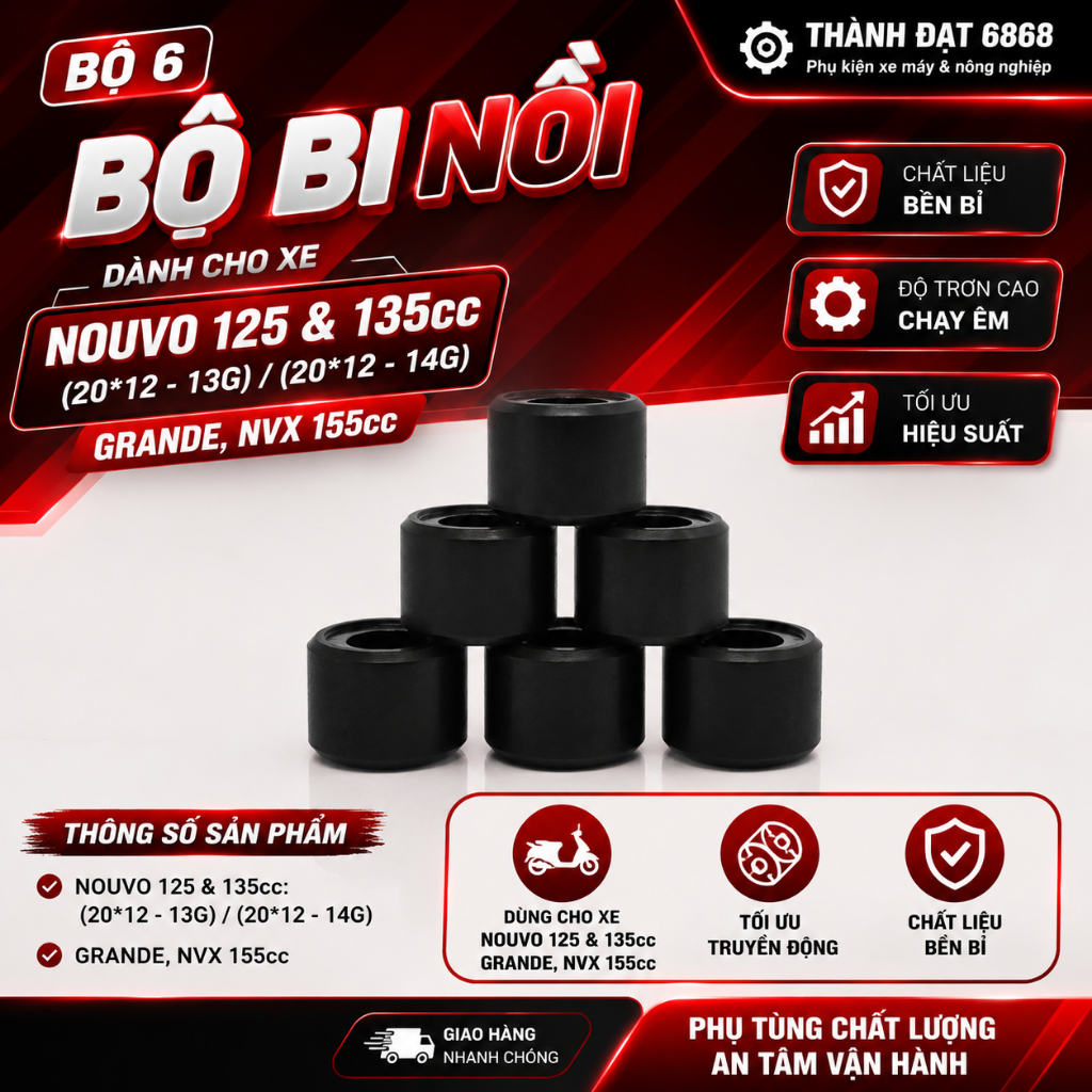Bộ 6 Bi Nồi Xe Máy Nouvo 125 & 135cc / Grande / NVX 155cc (20x12) Đủ Trọng Lượng 13g - 14g