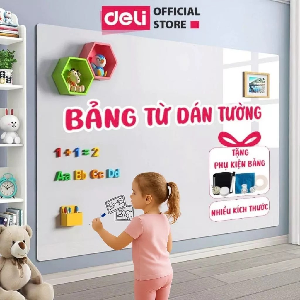 [🔥TẶNG PHỤ KIỆN] Bảng Từ Trắng Dán Tường Deli - Hút Nam Châm Bút Lông Nhiều Kích Thước Kèm Phụ Kiện Bảng