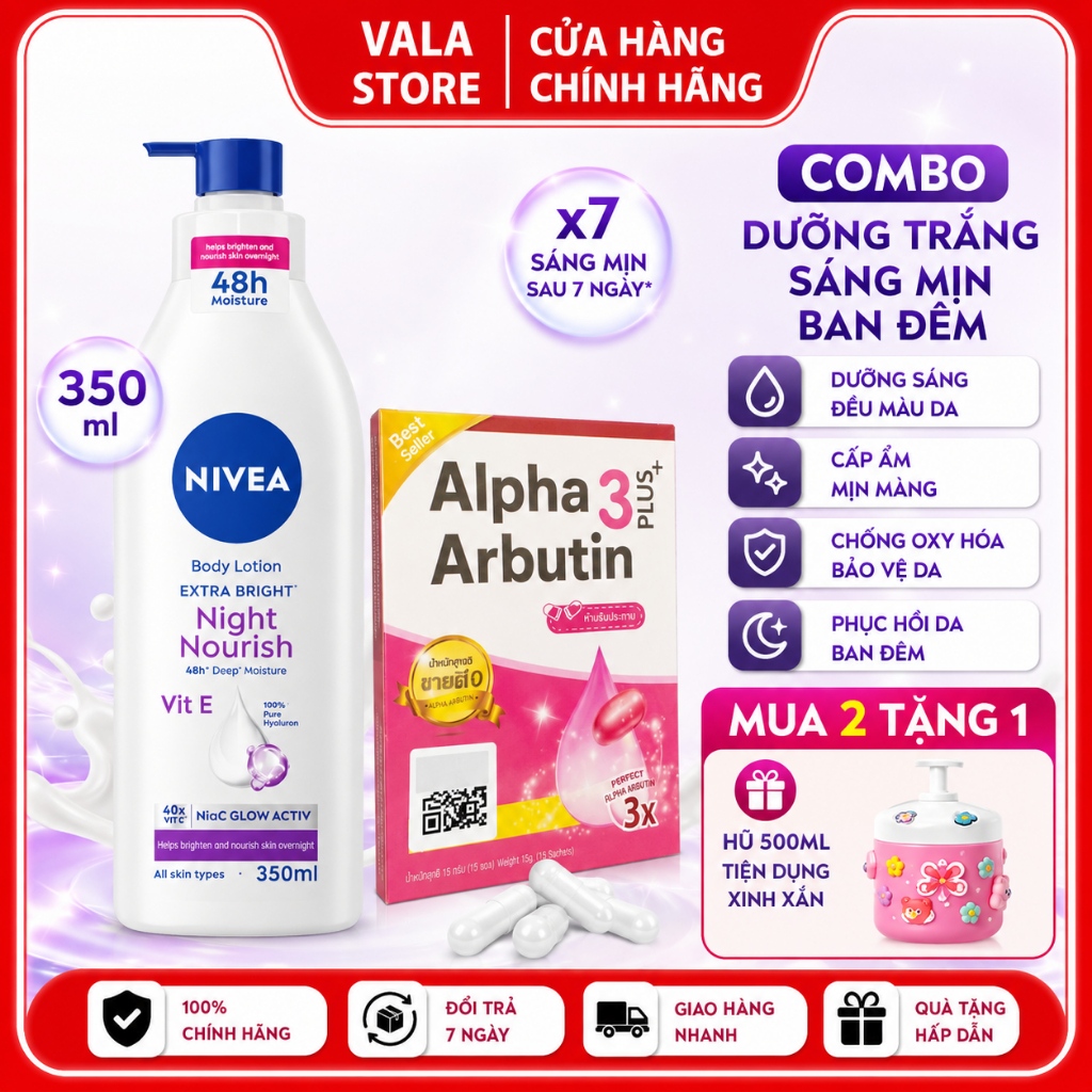 [MUA 2 TẶNG 1] Combo Dưỡng Trắng Mix Vỉ Kích Alpha 3 plus + Nivea Tím Body lotion Extra Bright Night