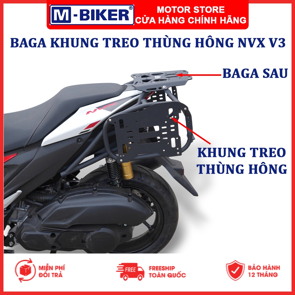 Baga NVX V3, Baga sau gắn khung treo thùng hông NVX V3, Baga gắn 3 thùng cho Yamaha NVX V3 | M-Biker