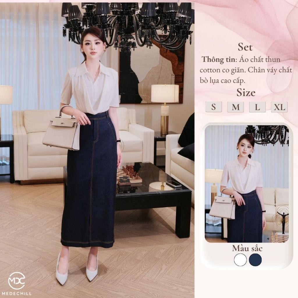 Set Váy Công Sở Hiện Đại, Áo Thun Cotton Cổ Sơ Mi Xếp Nếp Kèm Chân Váy Suông Dài Chất Bò Lụa Cao Cấp