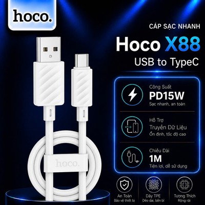 Cáp sạc nhanh PD15W USB to TYPE-C Hoco X88 dùng cho Android/15 trở lên dây dẻo siêu bền dài 1M
