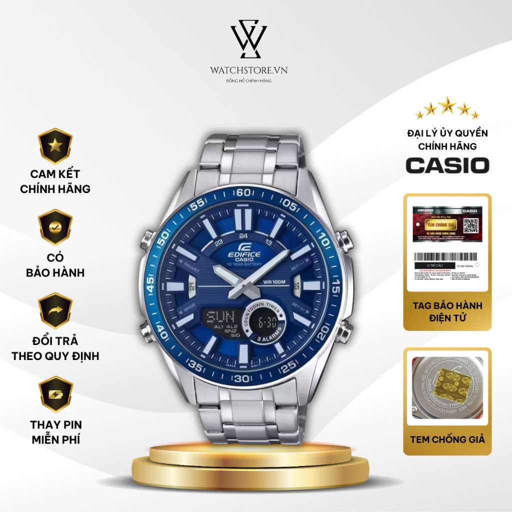 Đồng Hồ Casio Edifice EFV-C100D-2AVDF Máy Pin/Quartz 46.6mm Kính Khoáng Dây Vỏ Thép Không Gỉ Chính h