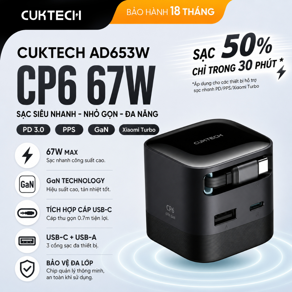Củ Sạc Mini CUKTECH AD653W 67W 3 Cổng Sạc Đa Năng - Tích Hợp Cáp Thu Gọn Hỗ Trợ PD PPS Xiaomi Turbo 