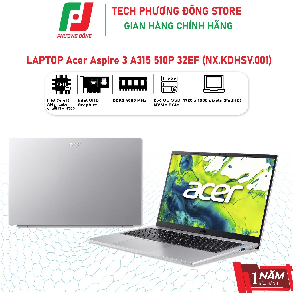 Laptop Acer Aspire 3 A315 510P 32EF i3 N305 8GB 256GB Win11 (NX.KDHSV.001) Văn Phòng | Chính Hãng | 