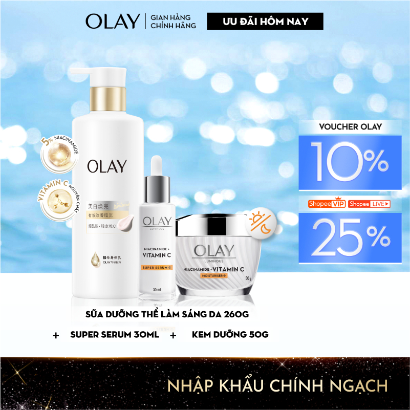 Combo3: Sữa Dưỡng Thể OLAY Làm Sáng Da & Kem Dưỡng OLAY & Serum OLAY Luminous Niacinamide + Vitamin 