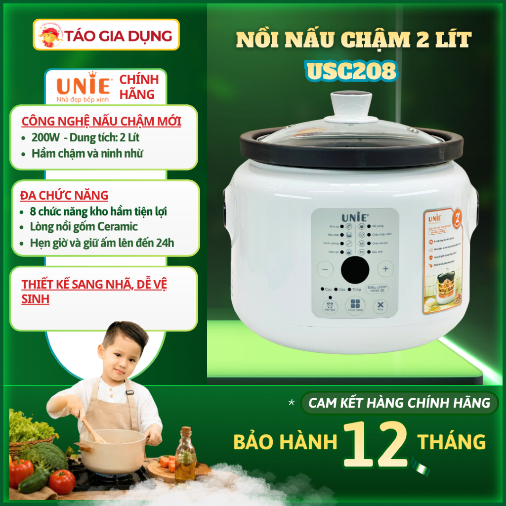 Nồi nấu chậm đa năng Unie USC208 - 2 Lít, 8 chế độ nấu hầm, hẹn giờ rảnh tay, Lòng gốm Ceramic xịn
