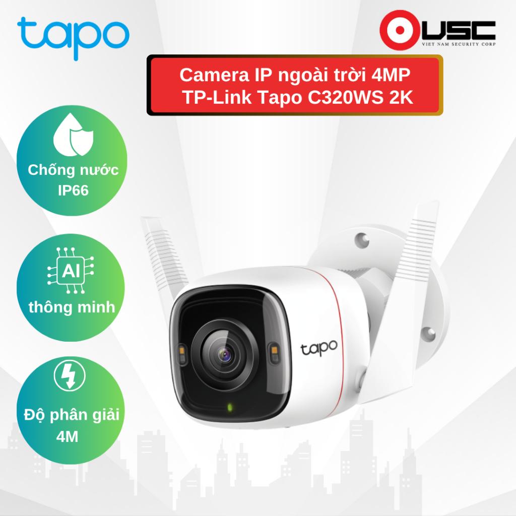 [Tapo - TP-Link - C320WS- 3M] Camera Wifi ngoài trời cố định, có màu đêm AI thông minh