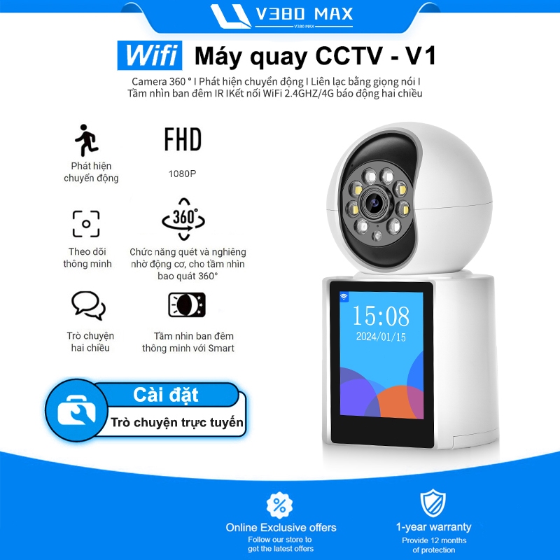 V380 MAX V1 Camera Wifi giám sát có màn hình - gọi video trực tiếp - Siêu nét 1080P Máy ảnh Sử dụng 