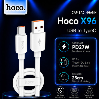 Cáp sạc nhanh PD27W USB to Type-C Hoco X96 dùng cho Android/15 trở lên,truyền dữ liệu, nhỏ gọn tiện lợi , dài 25cm