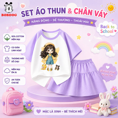 BOBDOG set đồ bé gái, set váy bé gái chất cotton co giãn, bộ đồ áo phông phối chân váy ngắn in hình cute cho bé PV1
