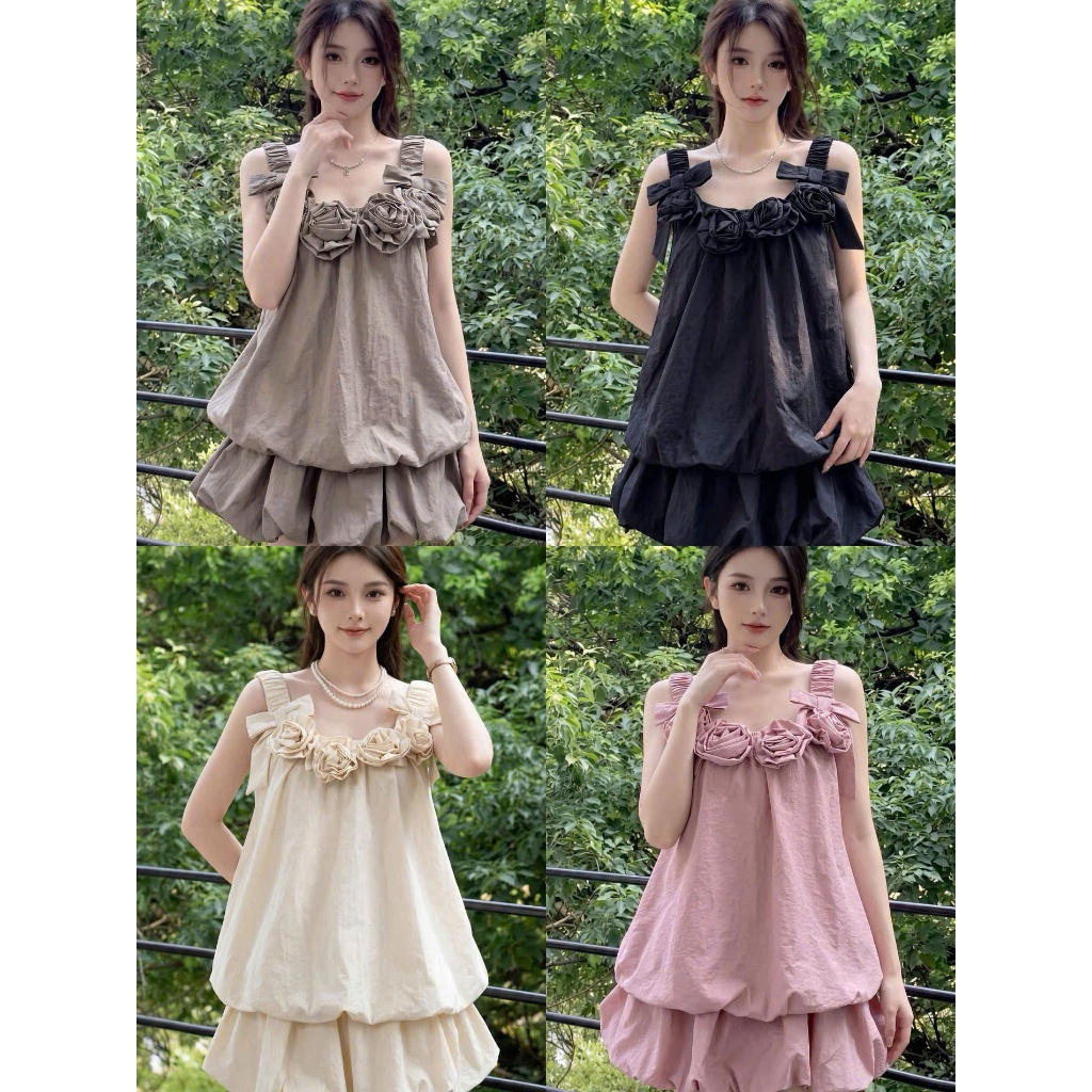 Set váy ngắn - Set váy đáng iu, trẻ trung, nhí nhảnh cho các nàng hẹn hò, set dù nhăn 2 dây đính nơ 