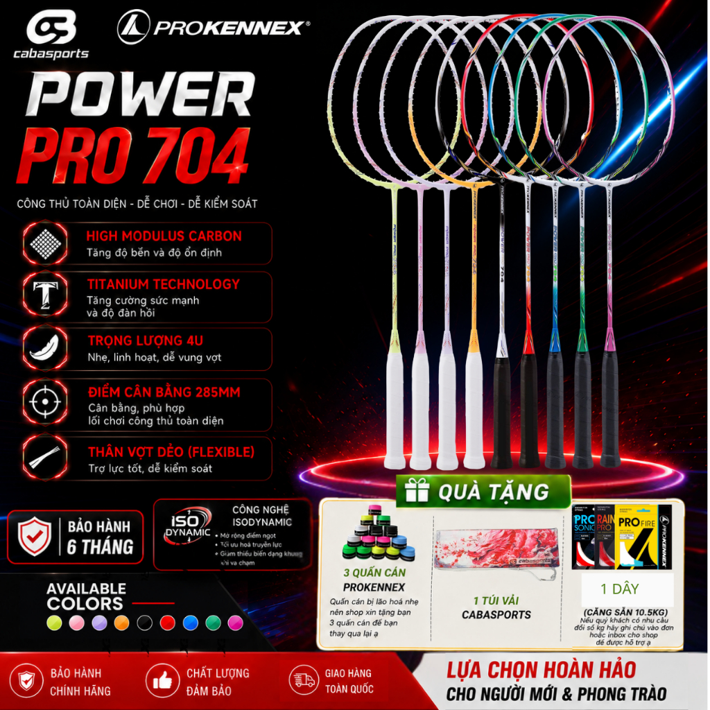 Vợt cầu lông Prokennex Power Pro 704 căng 10.5kg tặng kèm túi đựng & quấn cán vợt cầu lông giá rẻ