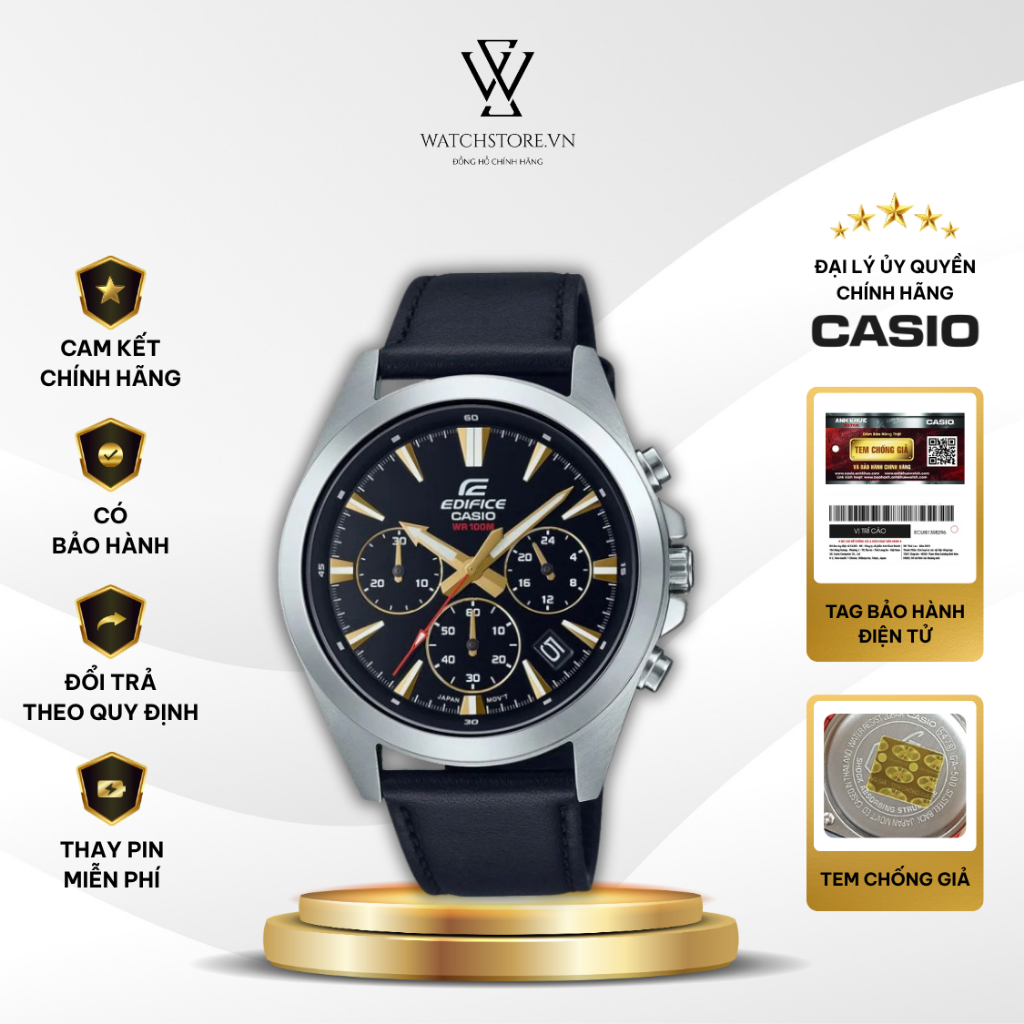 Đồng Hồ Casio Edifice EFV-630L-1AVUDF Máy Pin/Quartz 43.9mm Mặt Kính Khoáng Chống Nước 10ATM Dây Da 