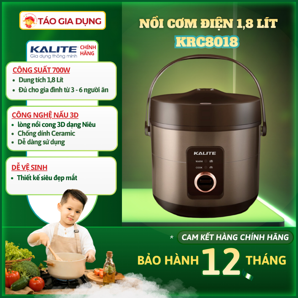 Nồi cơm điện Kalite KRC8018 - 1,8 Lít, lòng niêu dày, chống dính ceramic, nấu 3D cho cơm dẻo, thơm
