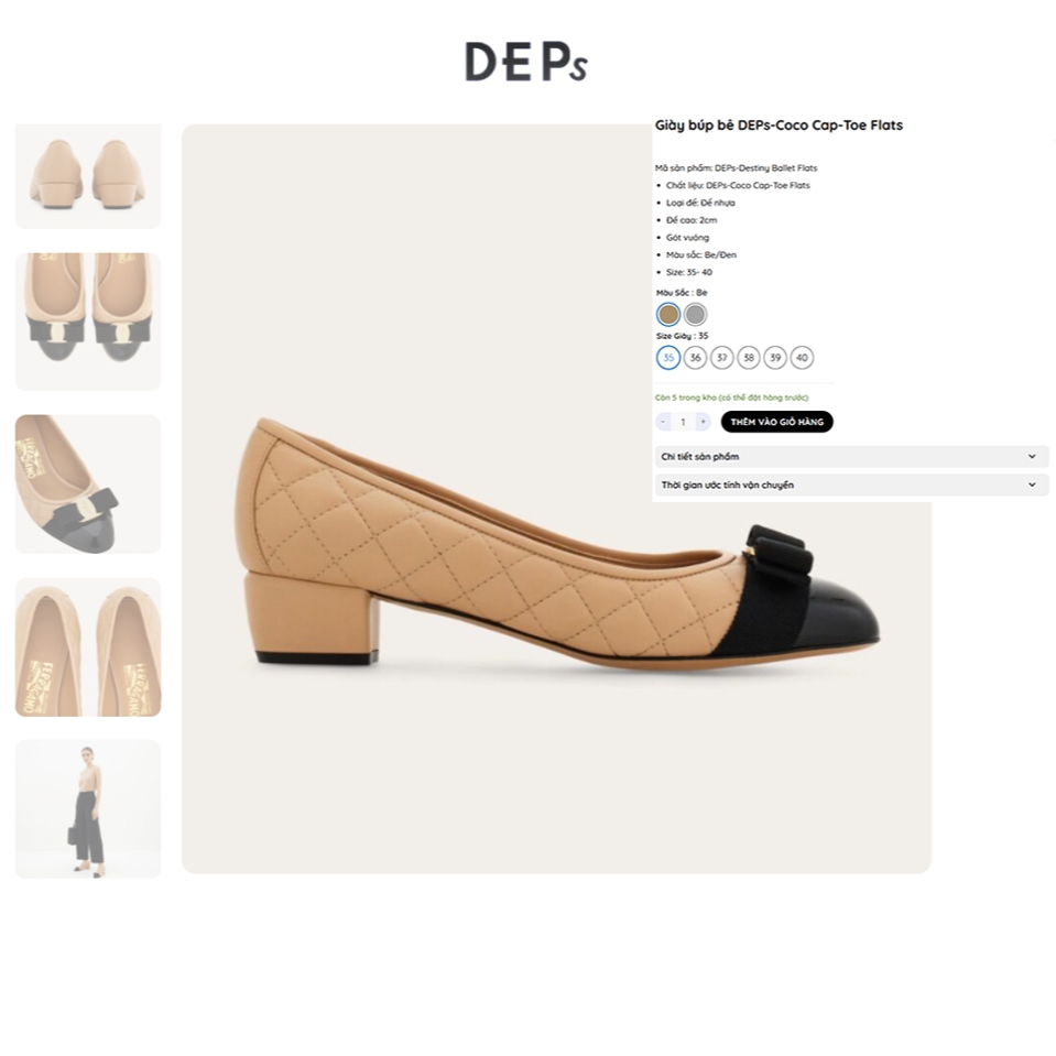 Gìay nữ búp bê mũi nơ DEPs-Coco Cap-Toe Flats họa tiết chần ô trám quilted leather cao cấp.