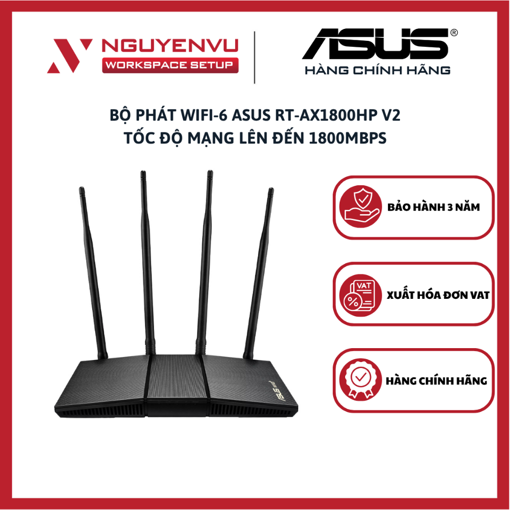 Bộ phát Wifi-6 Asus RT-AX1800HP V2 - Bảo mật AiProtection - Tốc độ mạng lên đến 1800Mbps - Hàng Chín