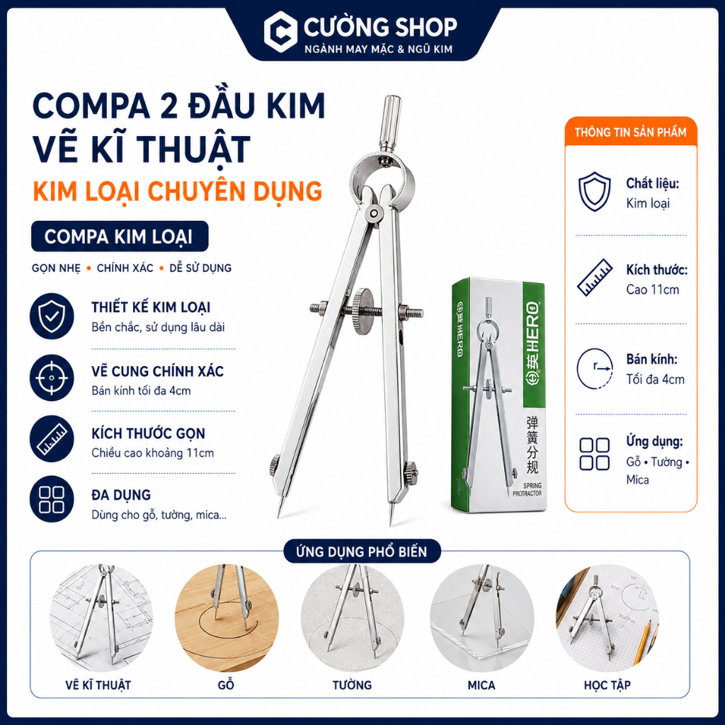 Compa Vẽ Kỹ Thuật 2 Đầu Kim Kim Loại 11cm, Compa Vẽ Đường Tròn Bán Kính 4cm Có Vít Điều Chỉnh